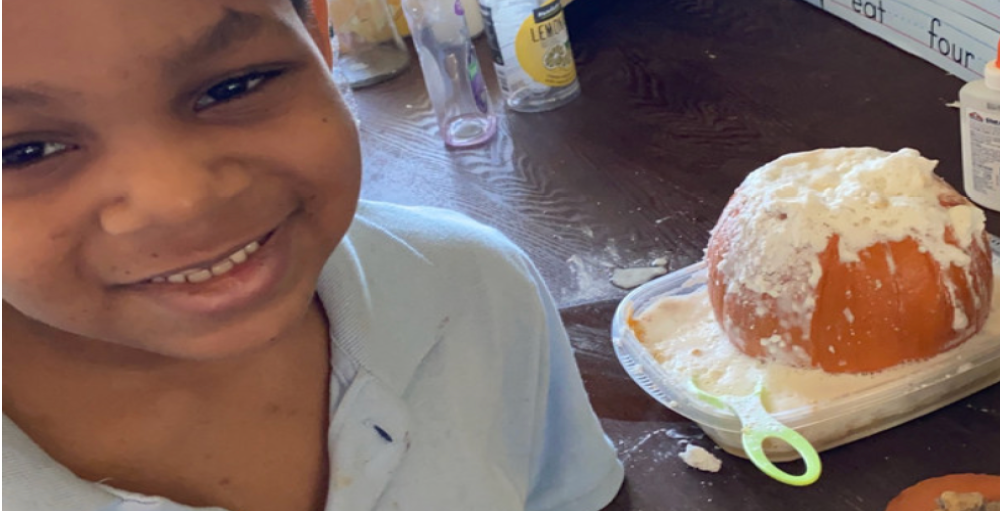 First grade Atoms conducted pumpkin volcano experiment over Zoom.