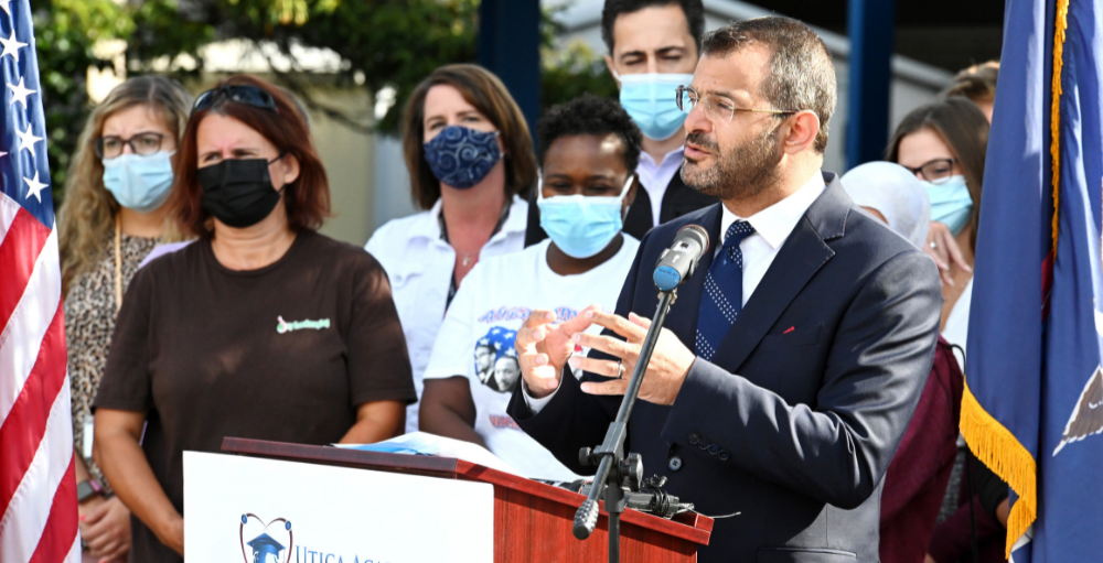 SANY Superintendent shares message at Utica Academy of Science Charter School’s Press conference, we want equal opportunities for Utica youth, in regards to the ongoing transportation issue with Durham School Services.