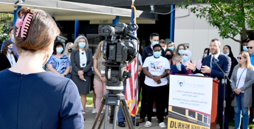 SANY Superintendent shares message at Utica Academy of Science Charter School’s Press conference, we want equal opportunities for Utica youth, in regards to the ongoing transportation issue with Durham School Services.